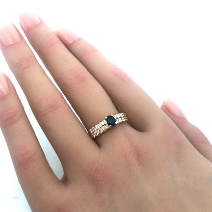 Vintage 14K Yellow Gold Oval Sapphire Diamond Accent Anniversary Ring