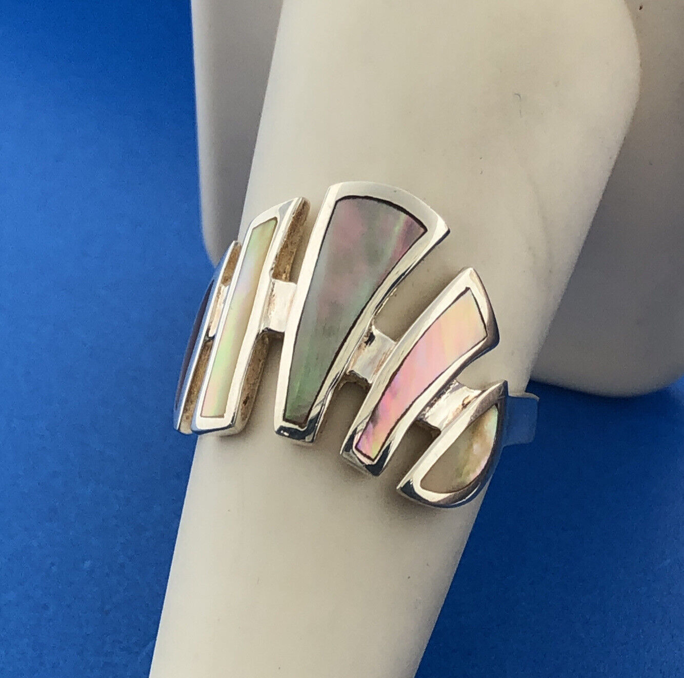 Designer LS Sterling Silver 925 Multi-Color Abalone Modernist Cocktail Ring