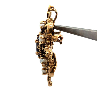 Vintage 14K Yellow Gold Oval Garnet Pearl Accented Statement Pendant