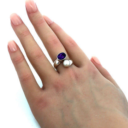 Designer LD 925 Sterling Silver Oval Purple Amethyst Pearl Bypass Ring