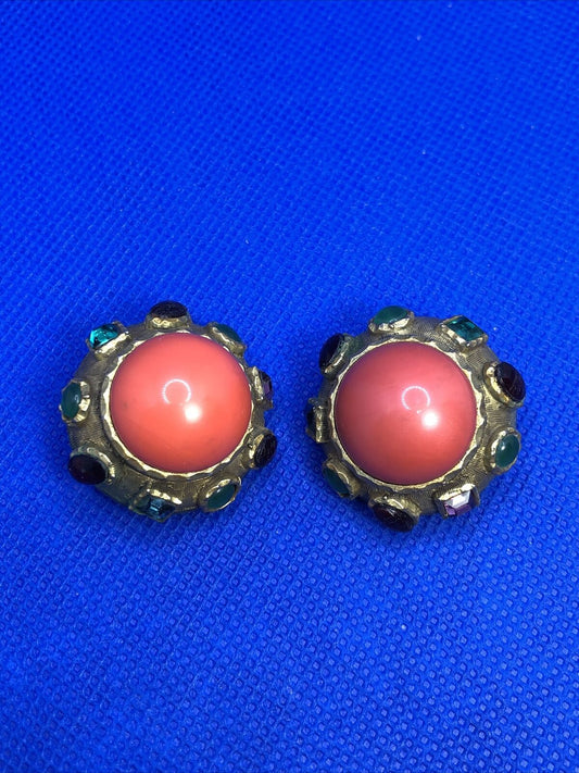 Kenneth Jay Lane Vintage Gold Tone Faux Coral Rhinestone Button Clip On Earrings