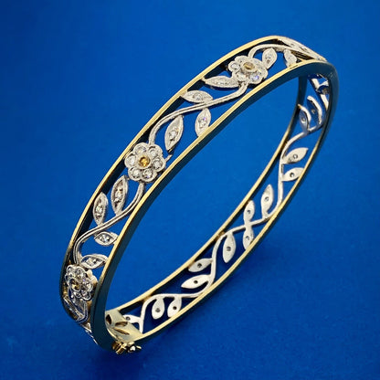 Gorgeous 18k Yellow White Gold Champagne White Diamond Hinged Cuff Bracelet