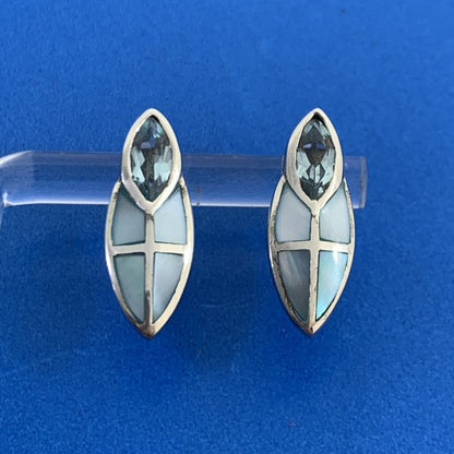 Designer 925 Sterling Silver Blue Topaz Blue Mother of Pearl Inlay Stud Earrings