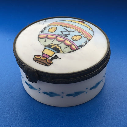 Vintage Limoges Hand Painted Porcelain Hot Air Balloon Round Hinged Trinket Box