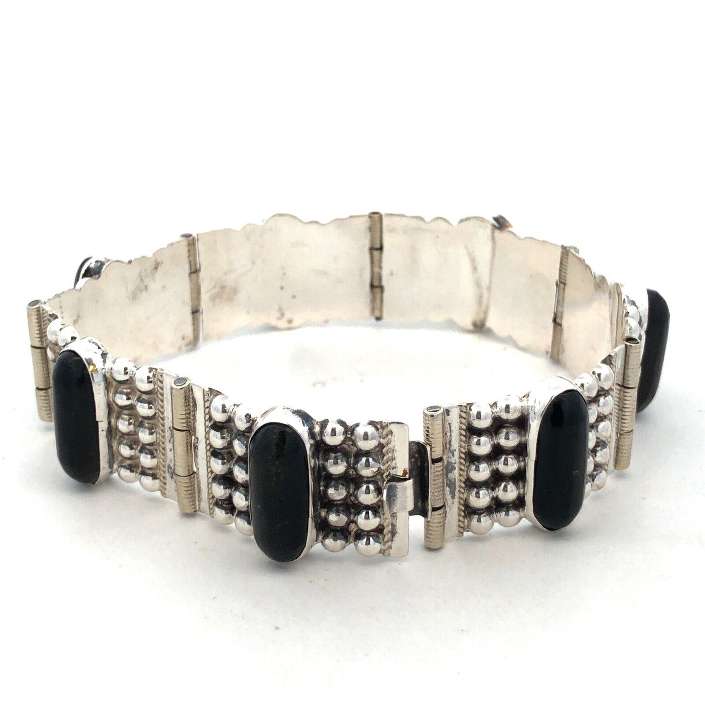 Modernitst Taxco Sterling Silver Oval Black Onyx Cabochon Beaded Panel Bracelet