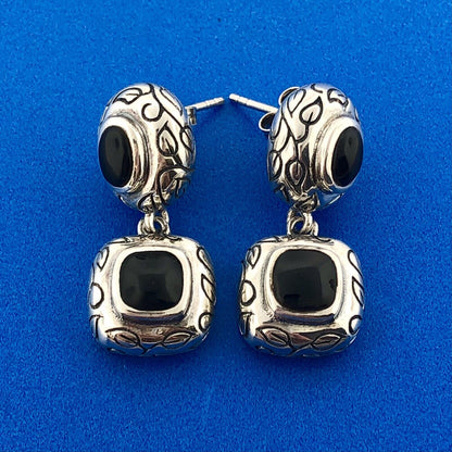 Vintage 925 Sterling Silver Black Onyx Leaf Scroll Balinese Drop Dangle Earrings