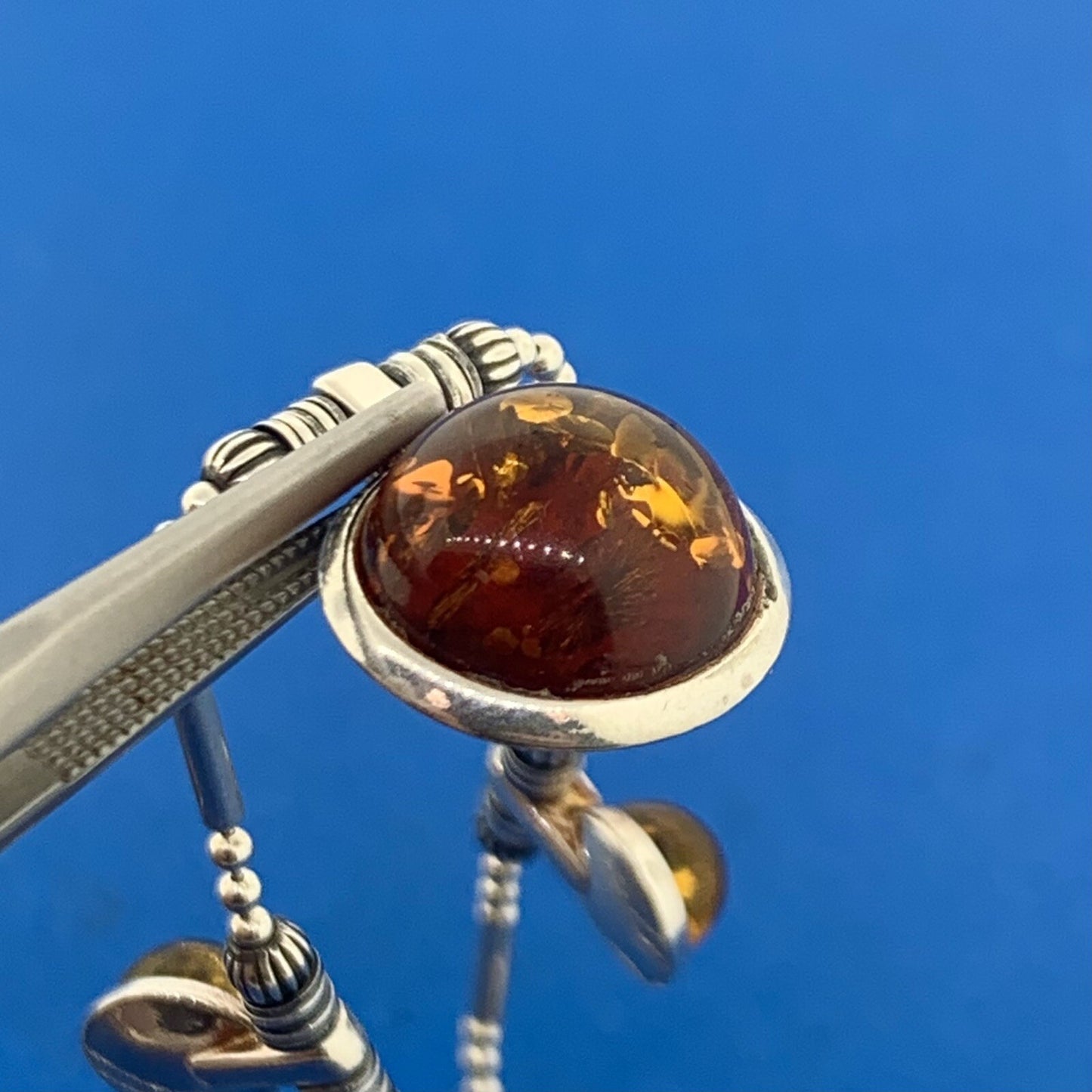 925 Sterling Silver Amber Cabochon Station Necklace