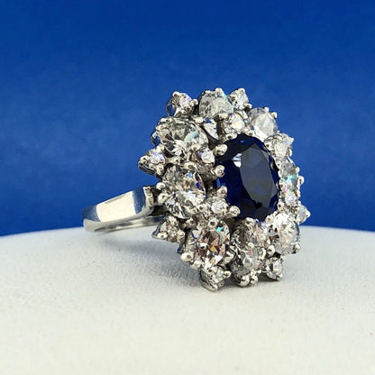 Spectacular Sterling Silver 925 Blue Sapphire CZ Oval Cluster Cocktail Ring