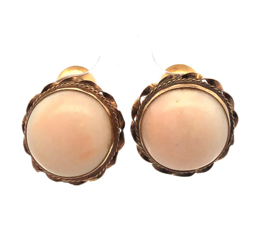 Vintage 14K Yellow Gold Round Coral Twisted Scroll Screw Back Clip Earrings