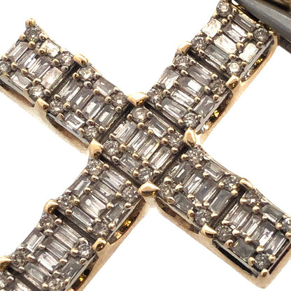 10K Yellow Gold Baguette Round Diamond Pave Statement Cross Pendant