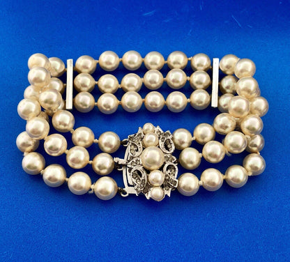 Vintage Silver Tone Hand Knotted Faux Pearl Rhinestone 3 Row Tennis Bracelet