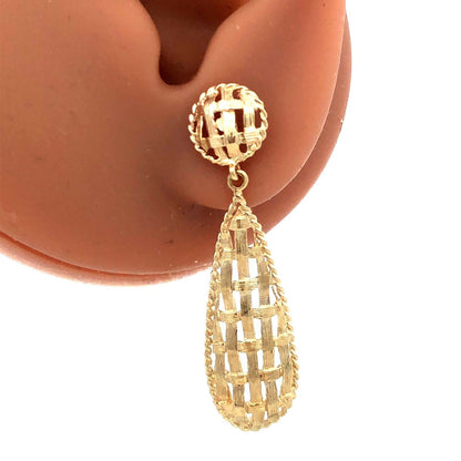 14K Yellow Gold Tear Drop Textured Basket Weave Dangle Stud Earrings