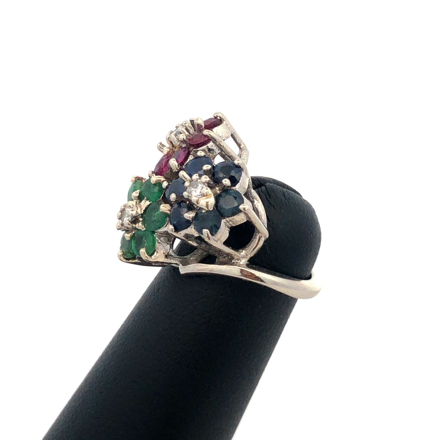 KOL 14K White Gold Round Ruby Sapphire Emerald Topaz Floral Cluster Pinky Ring