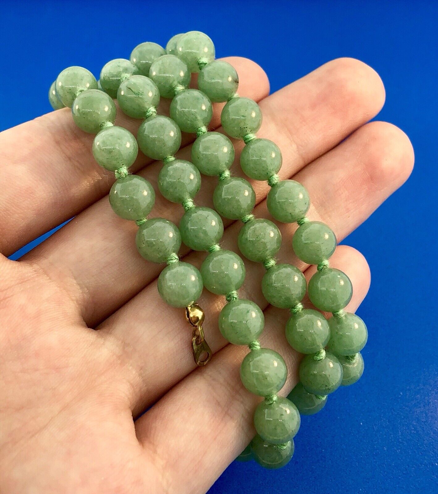 Vintage Gold Tone Hand Knotted Green Jade Jadeite Large Bead Necklace