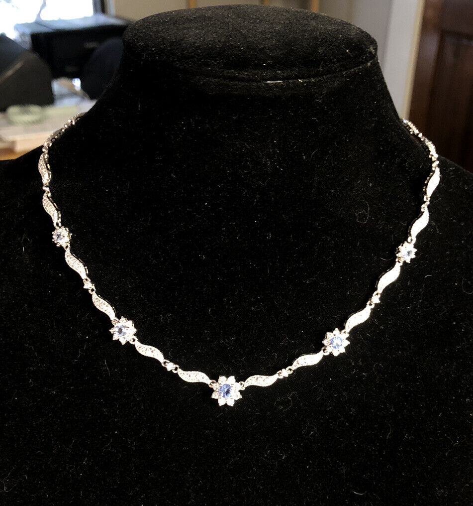 Blue and White Cubic Zirconia 925 Sterling Silver Flower Stations Necklace
