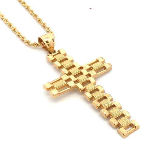 Designer 10K Yellow Gold Florentine & Polished Rope Chain Cross Necklace