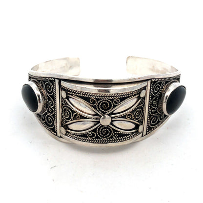 Vintage 925 Sterling Silver Black Onyx Filigree Swirl Open Cuff Bracelet