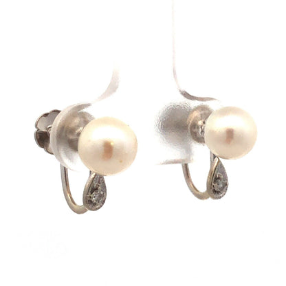 Estate 14K White Gold Round White Pearl Diamond Accent Screw Clip-on Earrings