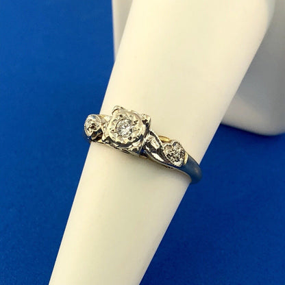 Art Deco 14K Yellow White Gold Diamond Hearts Beads Scroll Engagement Ring