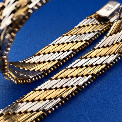 Vintage Sterling Silver 925 Diamond Two Tone Textured Weave Link Bracelet