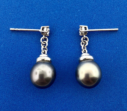 Stunning 14K White Gold Black Pearl Diamond Dangle Drop Earrings