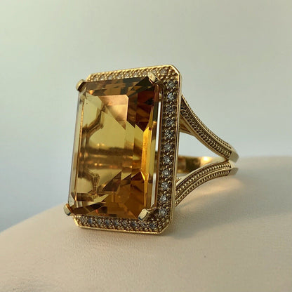 Dramatic 14K Yellow Gold Citrine Diamond Halo November Anniversary Dinner Ring
