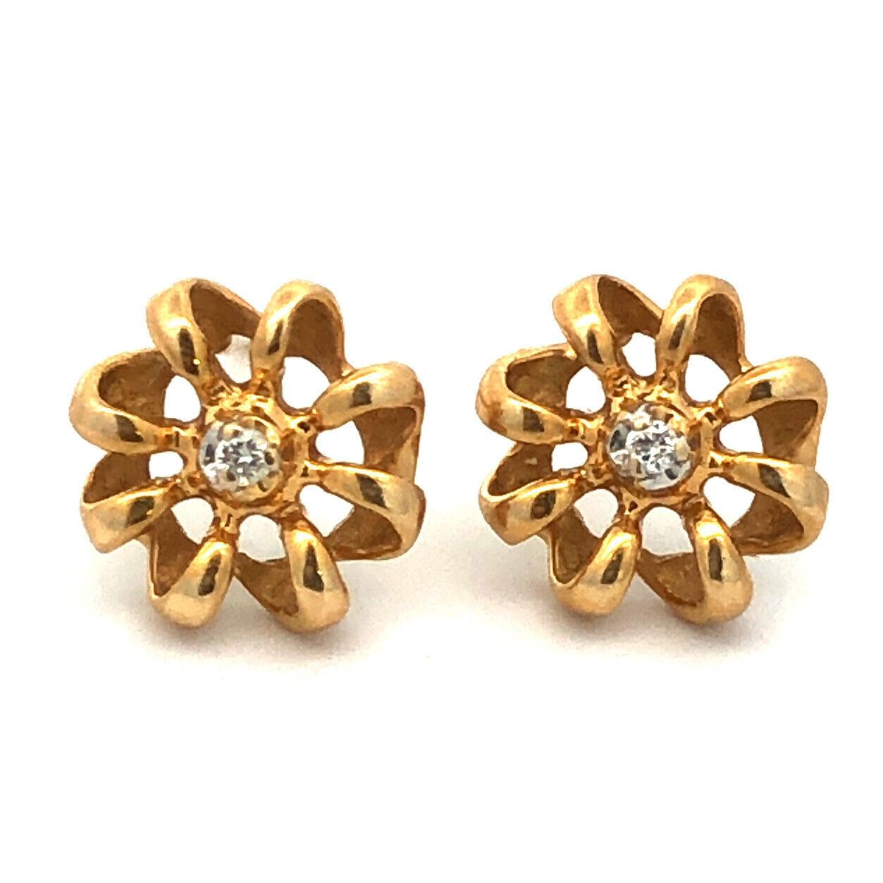 Designer 14K Yellow Gold Diamond Accented Floral Stud Earrings