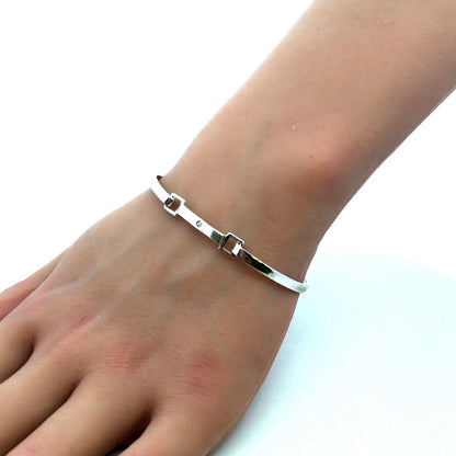 Estate 925 Sterling Silver Round Diamond Solitaire Hook Oval Bangle Bracelet