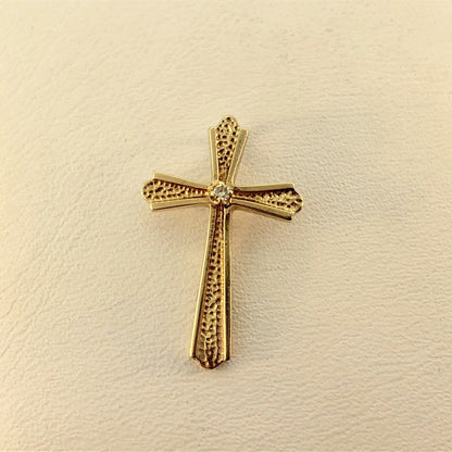 Classic 14K Yellow Gold Diamond Textured Polished Cross Easter Communion Pendant