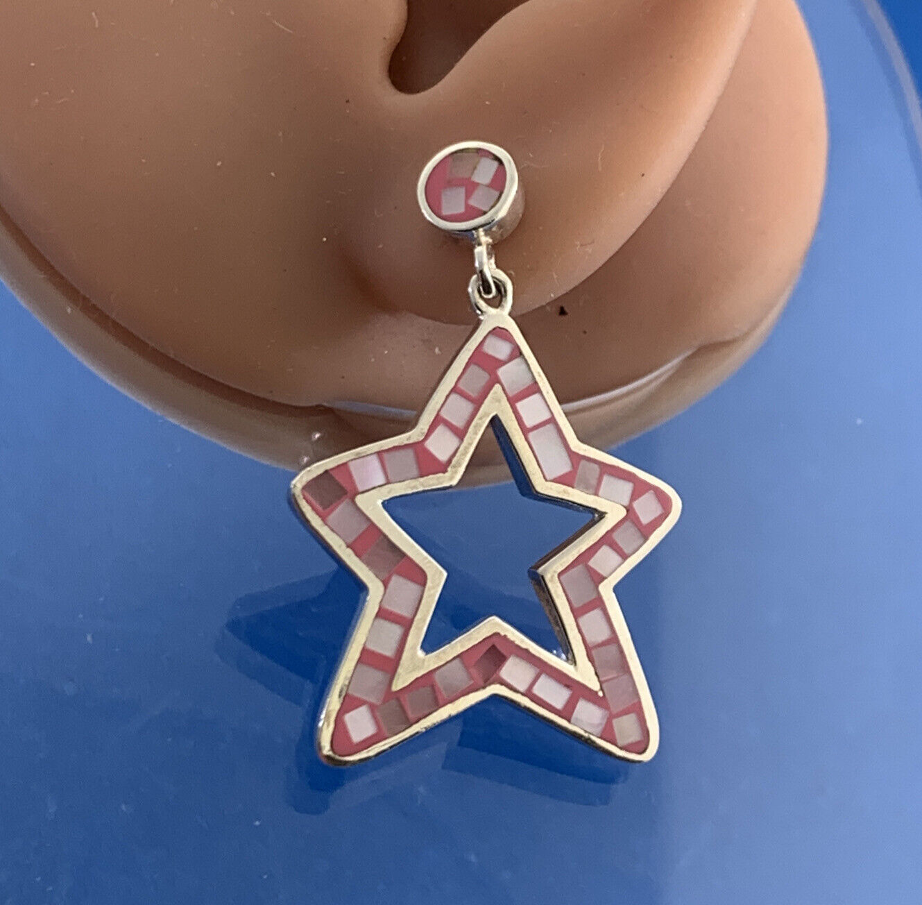 Designer Sterling Silver Mother Of Pearl Inlay Pink Enamel Star Dangle Earrings
