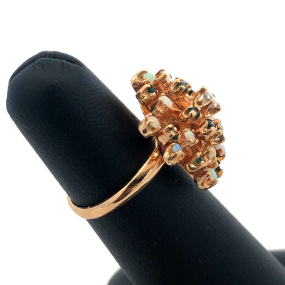 Gorgeous 14k Yellow Gold Diamond Emerald Opal Flower Cluster Ring Size 5.25