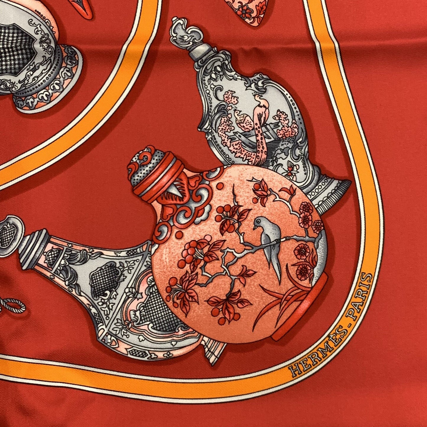 Hermes Carre 90 100% Silk Twill Crimson Qu'importe Flacon Neckerchief Scarf