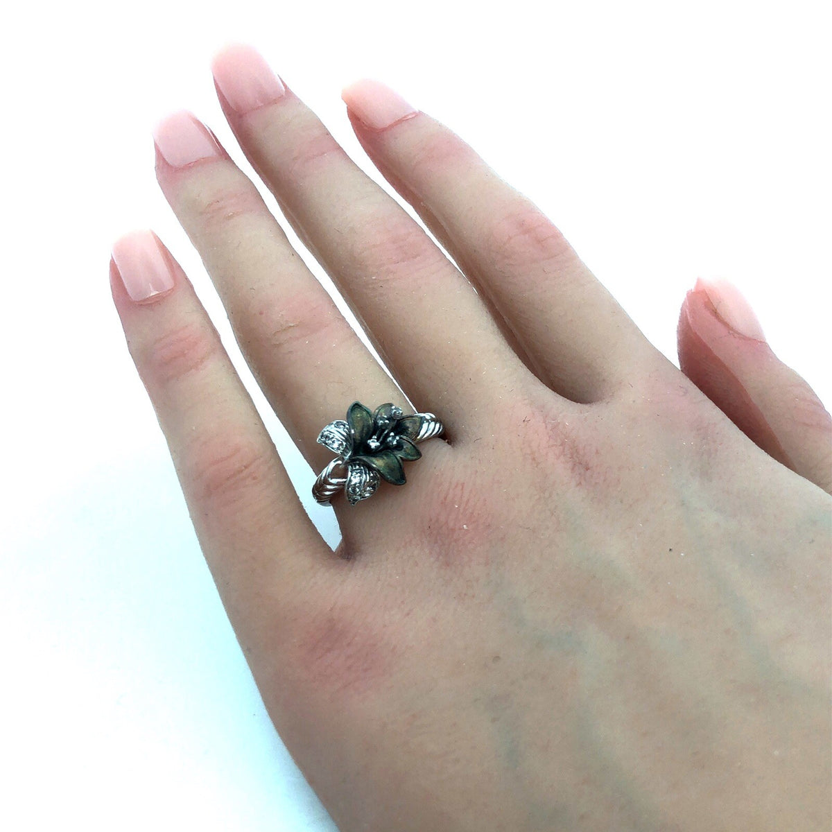Designer CC 925 Sterling Silver Round White Topaz Lily Orchid Flower Ring