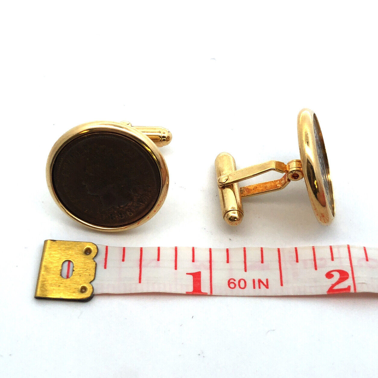 Retro Gold Tone Genuine Indian Head One Cent Penny Men's Round Tuxedo Cuff Links