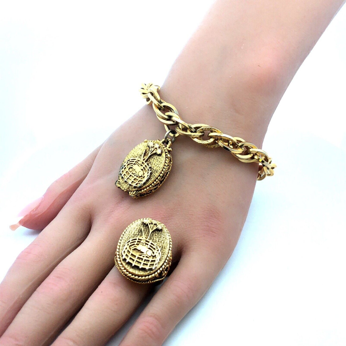 1960's Corday Rare Gold Tone Unicorn In Captivity Perfume Bracelet Ring 2 Pc Set