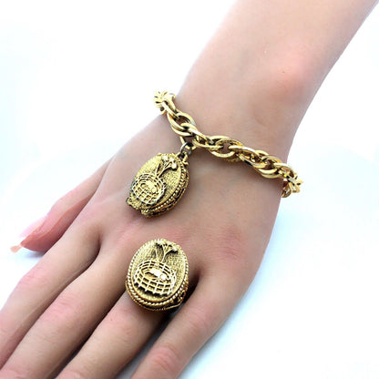 1960's Corday Rare Gold Tone Unicorn In Captivity Perfume Bracelet Ring 2 Pc Set