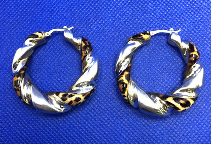 925 Sterling Silver Cheetah Print Enamel Twist Statement Hoop Earrings