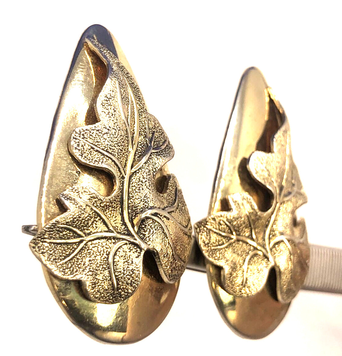 Estate Whiting & Davis Gold Tone Polished 3D Leaf Statement Clip On Earrings