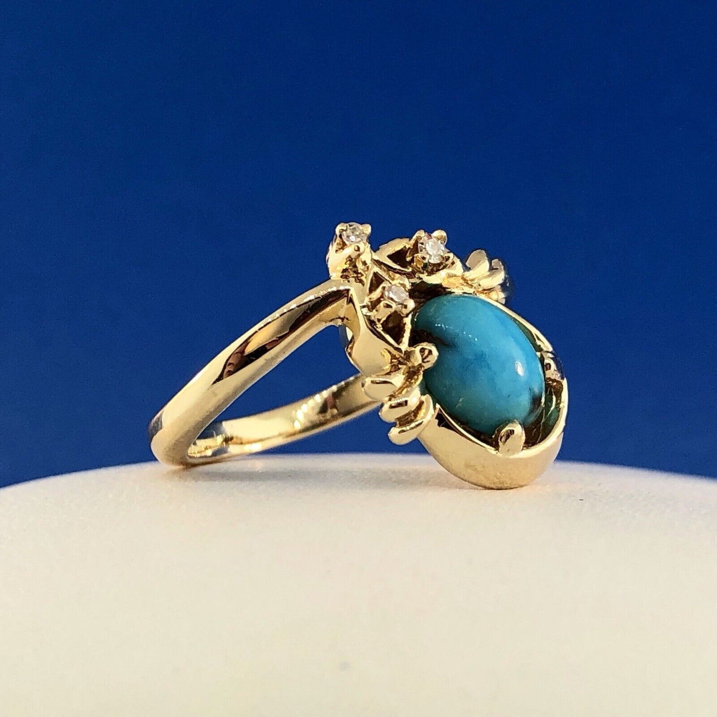 Vintage 14K Yellow Gold Diamond Turquoise Free Form Cocktail Ring