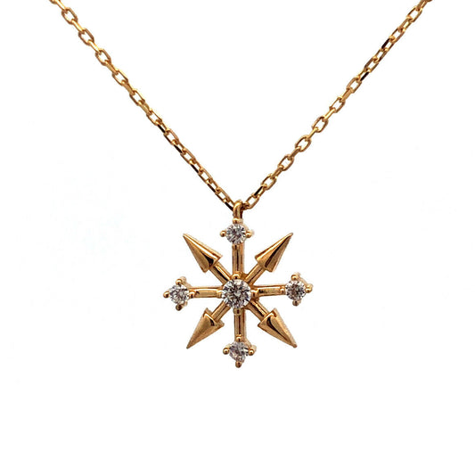 Retro 10K Yellow Gold Round Cubic Zirconia Star Burst Snowflake Pendant Necklace