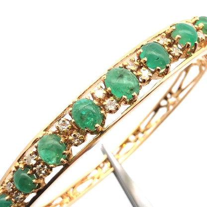 Designer 14k Yellow Gold Cabochon Emerald Diamond Hinged Cuff Bangle Bracelet