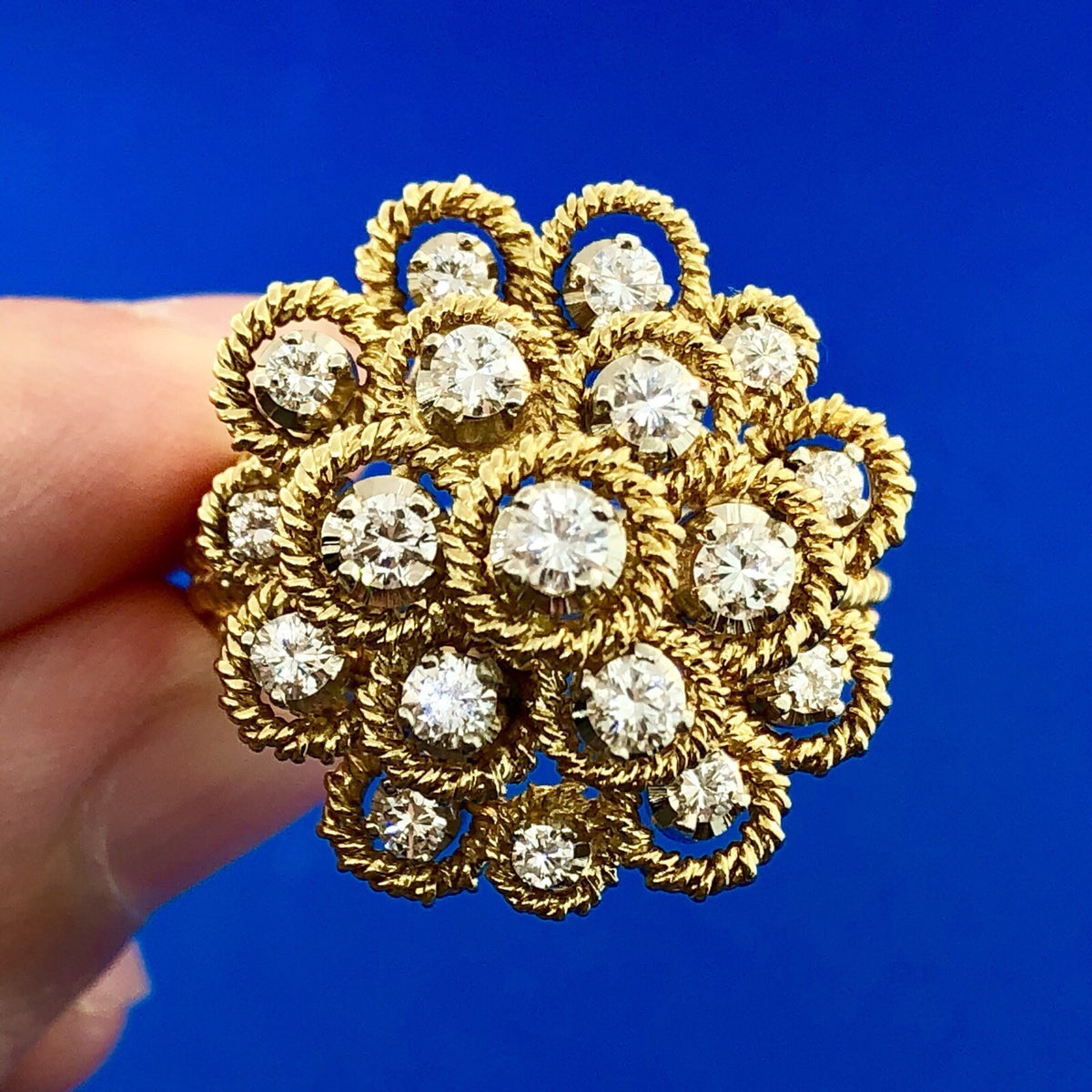 Stunning 18K Yellow Gold Diamond Floral Cluster Empire Setting Statement Ring