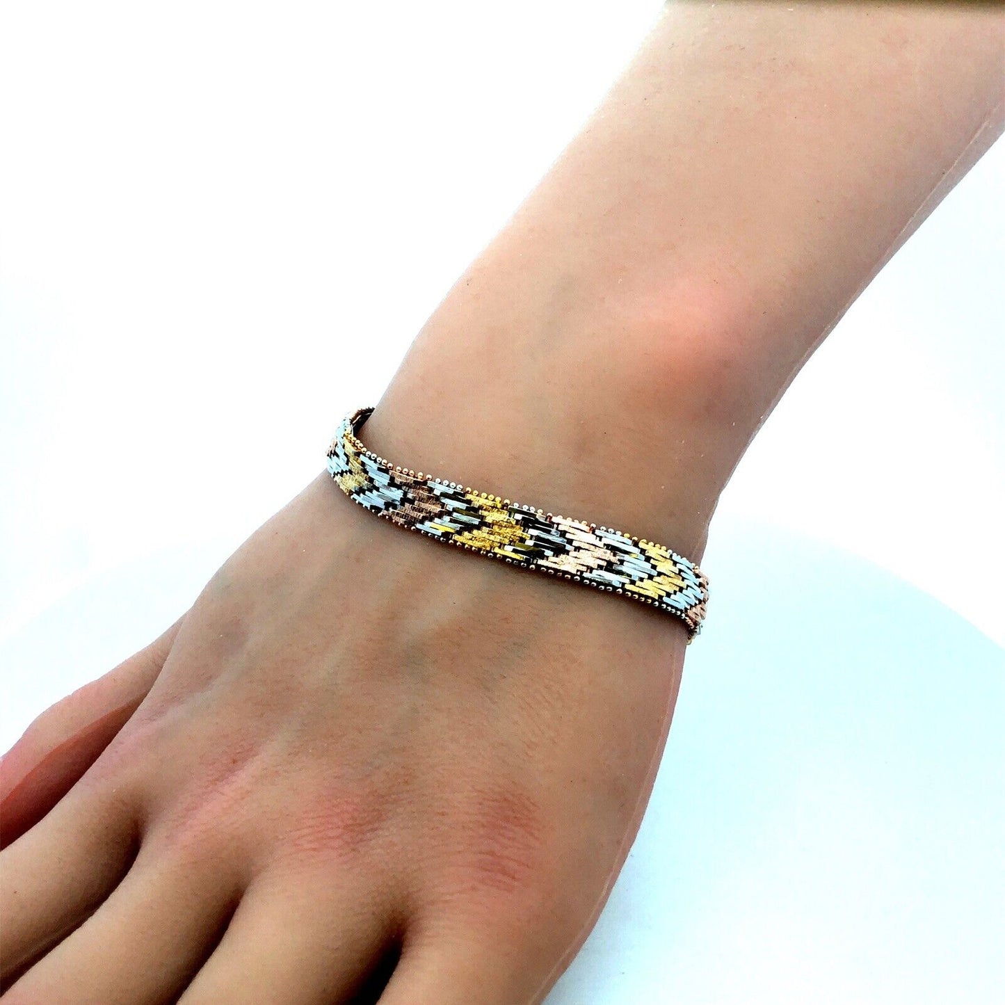 Italy Sterling Silver Gold Rose Gold Vermeil Tri-Color Chevron Chain Bracelet