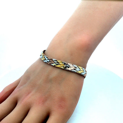 Italy Sterling Silver Gold Rose Gold Vermeil Tri-Color Chevron Chain Bracelet