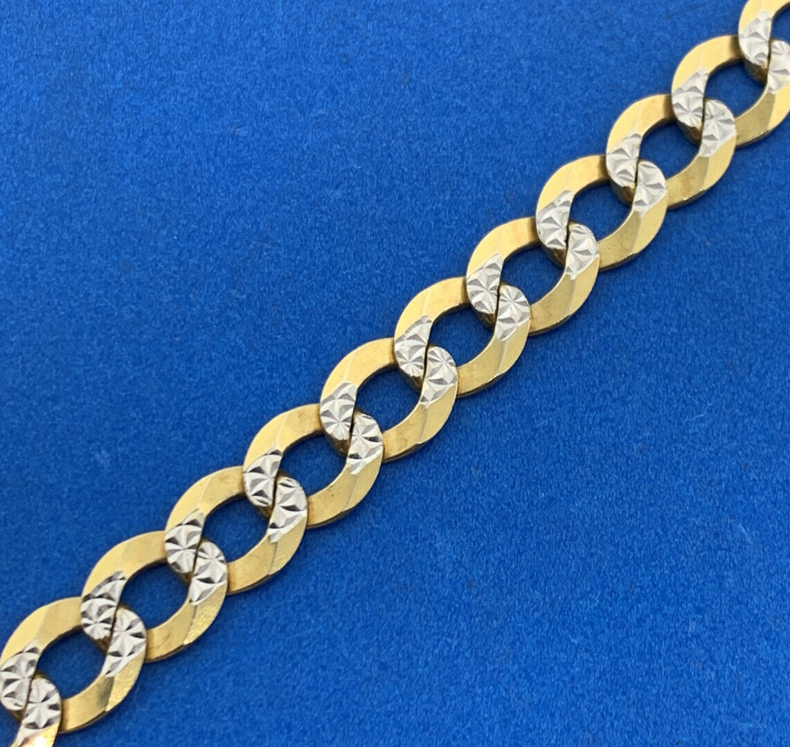 Designer 10K Yellow White Gold Diamond Cut Two Toned Flat Curb Link Bracelet