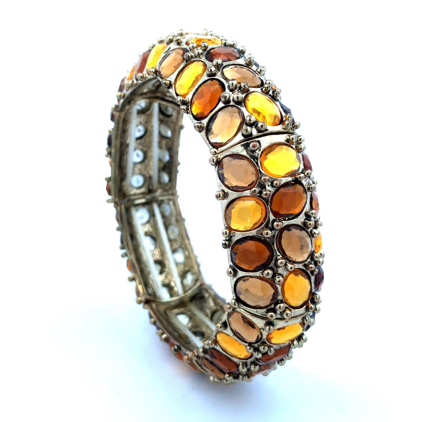 Fabulous Gold Tone Yellow Gold Amber Rhinestone Stretch Statement Cuff Bracelet