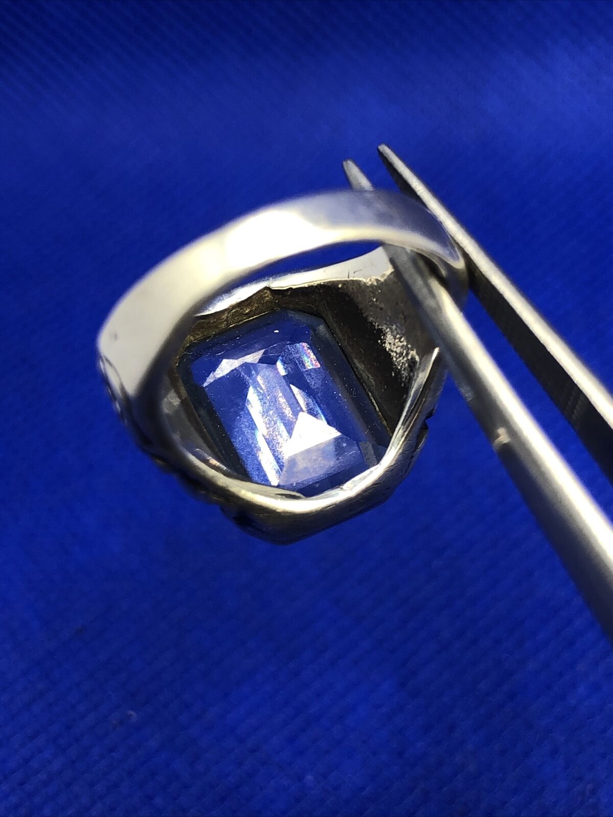 Estate Sterling Silver Emerald Cut Blue Topaz Scroll Floral Vine Cocktail Ring