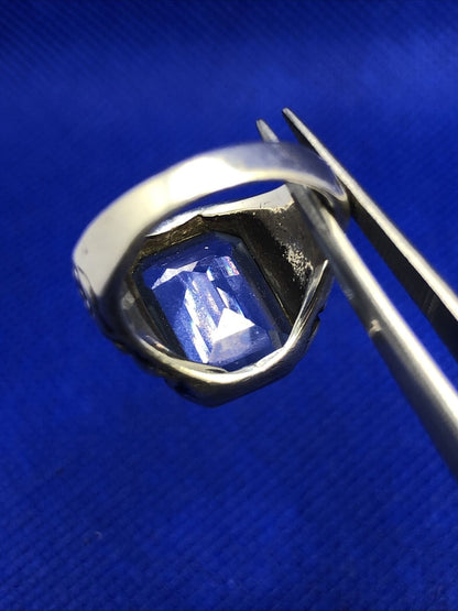 Estate Sterling Silver Emerald Cut Blue Topaz Scroll Floral Vine Cocktail Ring