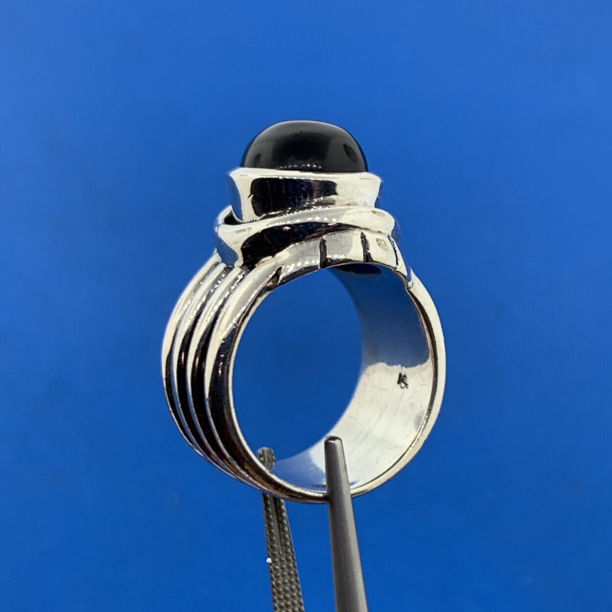 Designer 925 Sterling Silver Oval Black Onyx Cabochon Ribbed Statement Ring