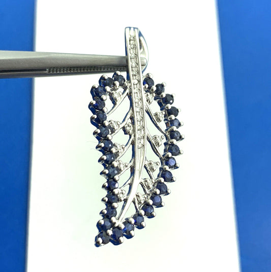 Designer GRP Blue Sapphire Diamond 925 Sterling Silver Leaf Nature Pendant
